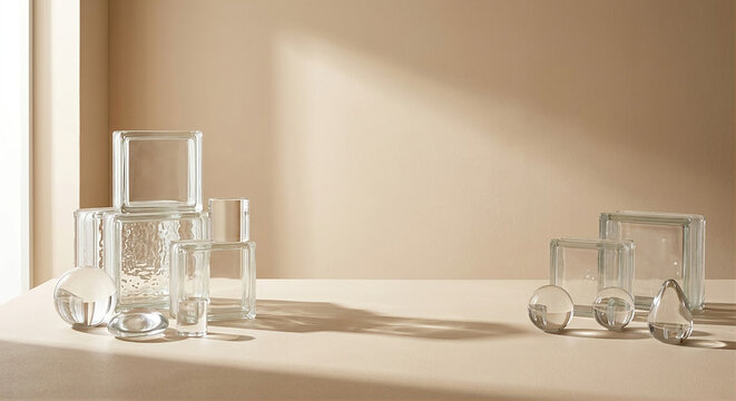 Minimalist commercial background featuring transparent glass blocks and smooth rounded glass objects on a warm beige matte surface, soft morning sunlight creating elegant natural shadows, subtle cream