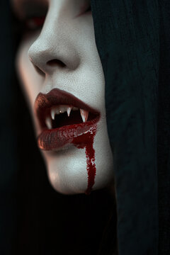 A mysterious and alluring vampire with sharp fangs and crimson lips drips blood, exuding a dark, gothic aura with piercing red eyes.