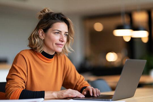 A focused woman with a casual hairstyle is working on her laptop in a modern home office, illuminated by soft ambient light.