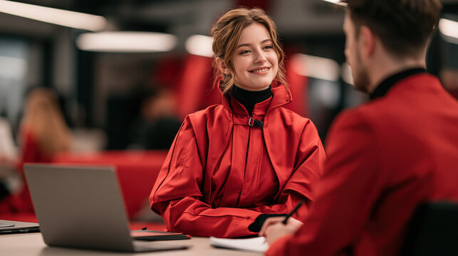 A confident woman in a striking red jacket smiles engagingly during a professional meeting.