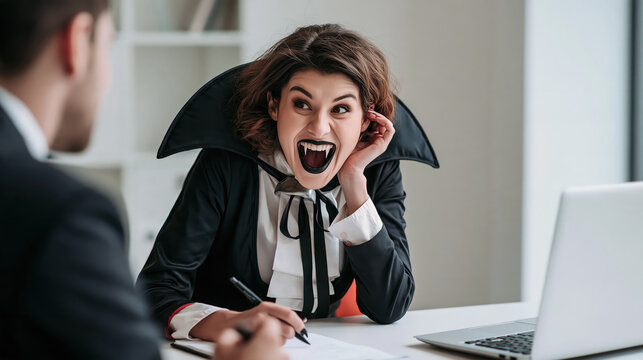 A playful woman dressed as a vampire with fangs and dark lipstick, leaning forward with a mischievous grin, sits across from a person in a suit at a desk, creating a humorous and intriguing scene.