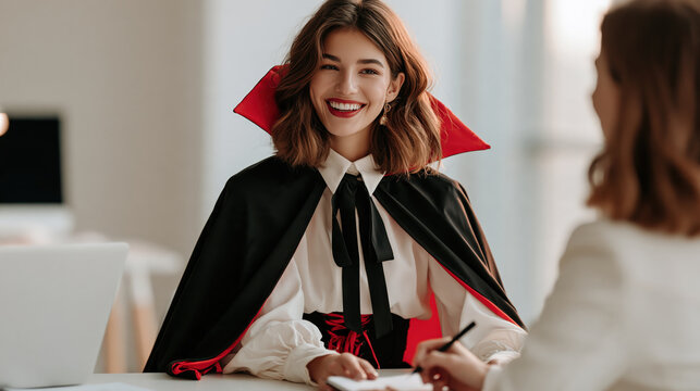 A woman dressed as a vampire with a classic cape smiles at the camera during a job interview, creating a whimsical and slightly unusual scene.