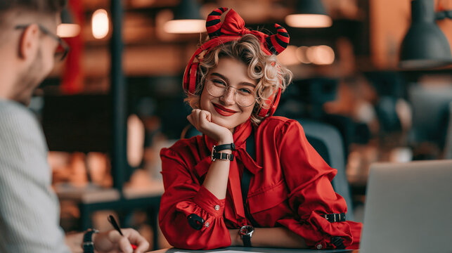 A stylish young woman with curly blonde hair and a red headscarf smiles warmly at the camera while sitting at a desk next to a colleague in a modern office setting.