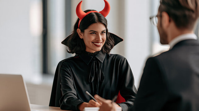 A woman in a devil costume smiles seductively at a man in a suit, suggesting a playful or mischievous interaction.