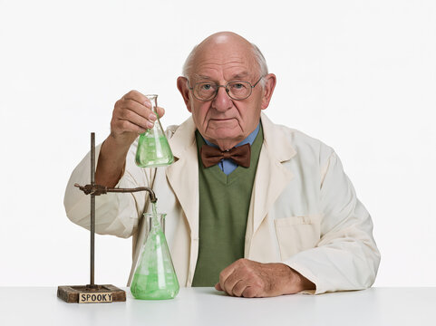 A senior scientist in a lab coat holds up a beaker filled with green liquid, attentively observing a chemical experiment with a focused expression, representing discovery and innovation.