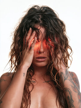 A woman with tattoos on her arms and chest covers her eyes with her hands, her gaze intense and fiery. Her long, wavy hair cascades around her face.