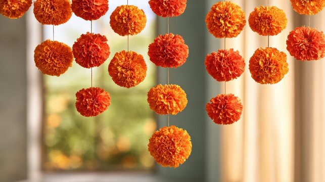 A vibrant traditional floral garland made of marigold flowers, symbolizing celebration and cultural heritage in festive and ceremonial occasions.