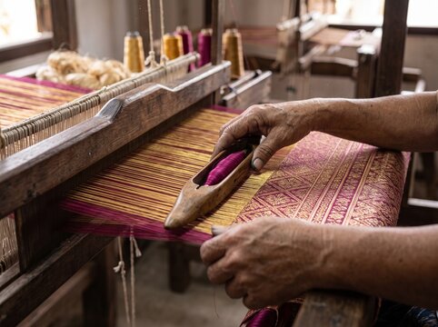 Thai silk weaver hands passing a shuttle through a wooden handloom with golden threads, traditional Thai textile craft