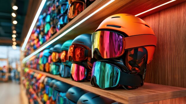 A vibrant wall section showcasing high-performance ski goggles with vivid colors and detailed design, highlighting winter sports gear and protective eyewear.