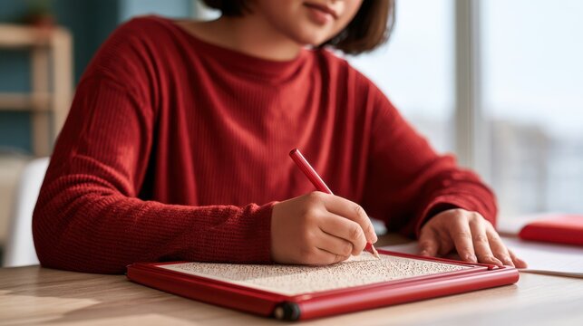 A visually impaired student uses a mechanical braille device to take notes, demonstrating adaptive technology and inclusive education in a learning environment.