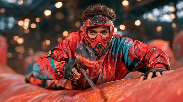 An intense paintball player in full protective gear dives behind cover during an action-packed game, showcasing agility, strategy, and adrenaline in outdoor combat sports.