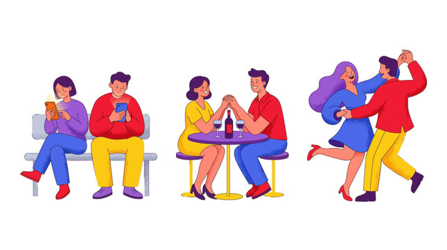 Stages of Romantic Relationships flat vector illustration of couples phubbing on a bench, dining on a date, and dancing together ideal for relationship counseling and dating app marketing.
