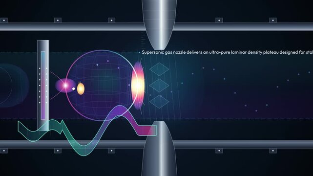 Scientific animation of a relativistic wakefield accelerator showing a laser pulse creating a plasma wakefield, expelling electrons to form an ion cavity and producing a high-energy beam