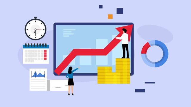 Business Growth and Financial Success with Analytics, Growing Arrow Chart, Gold Coins, Clock, and Calendar cartoon animation