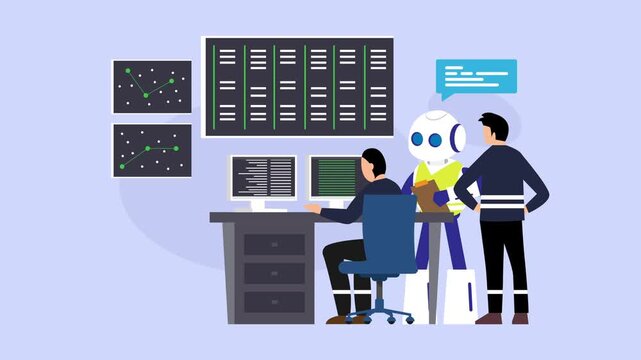 Artificial Intelligence Engineering, Server Monitoring, and Data Center Control cartoon animation