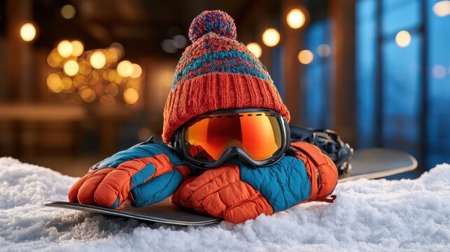 Flat lay arrangement showcasing various winter sports gear including a snowboard, gloves, goggles, and helmets on a neutral background, perfect for winter sport enthusiasts.