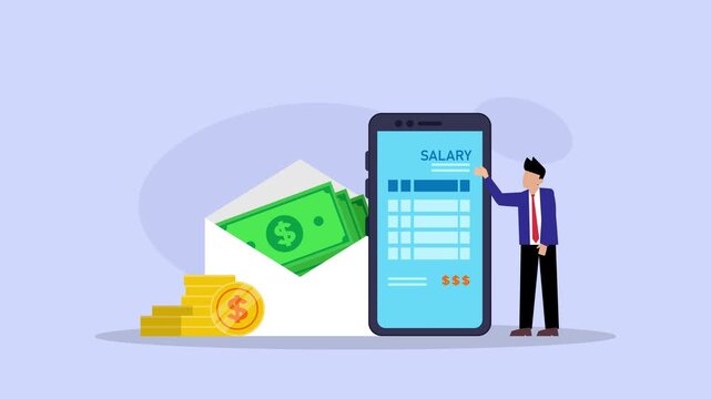 Online Mobile Banking and Digital Salary Payment cartoon animation