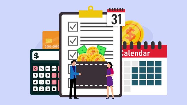 Financial Planning, Tax Return, and Monthly Expense Checklist cartoon animation