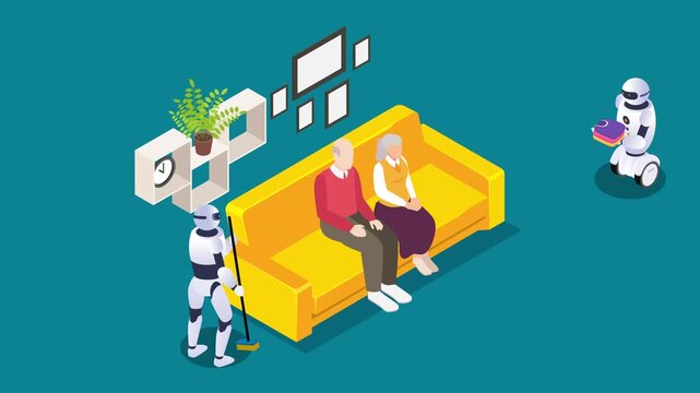 Elderly Couple Assisted by Domestic Robots at Home 3d animation cartoon