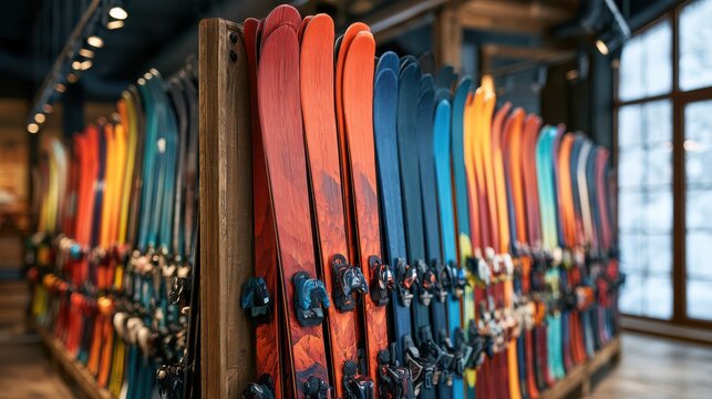 Rows of modern, colorful downhill skis and snowboards neatly displayed in a retail setting, showcasing a variety of designs and vibrant colors for winter sports enthusiasts.