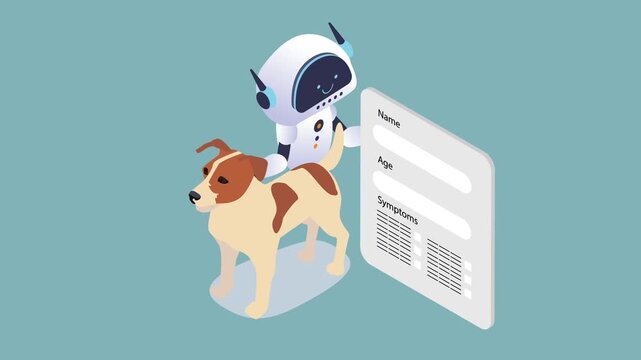Robot Vet Examining Dog for AI Automated Veterinary Care and Diagnosis 3d animation cartoon