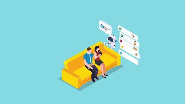 Couple Using AI Financial Safety Assistant for Scam Detection and Home Budgeting 3d animation cartoon