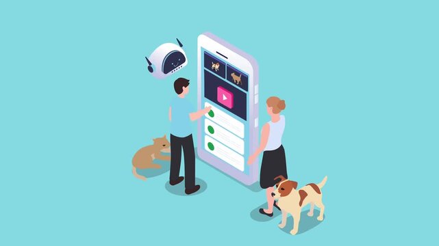 AI Mobile Pet Care and Online Video Streaming Concept 3d animation cartoon