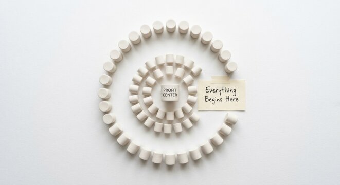 Ceramic Cylinders in a Spiral Leading to a Profit Center Cubes and 'Everything Begins Here' Note