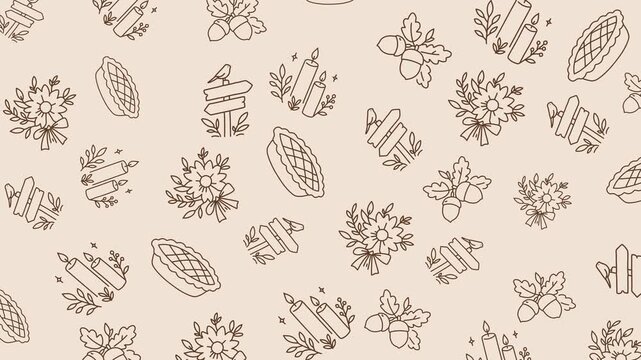 Rustic Thanksgiving doodle pattern: pie, flower bouquet, signpost, candles, acorn. Seamless loop, brown line art on peach background.