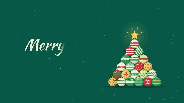 Merry Christmas tree made of colorful ornaments stacking up on dark green with star, white script text, flat design