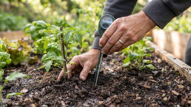 Gardener hands using a metal soil pH and moisture meter probe in a vegetable garden bed