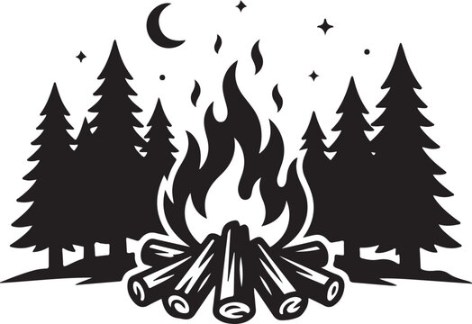 Campfire woods burning outdoor adventure silhouette