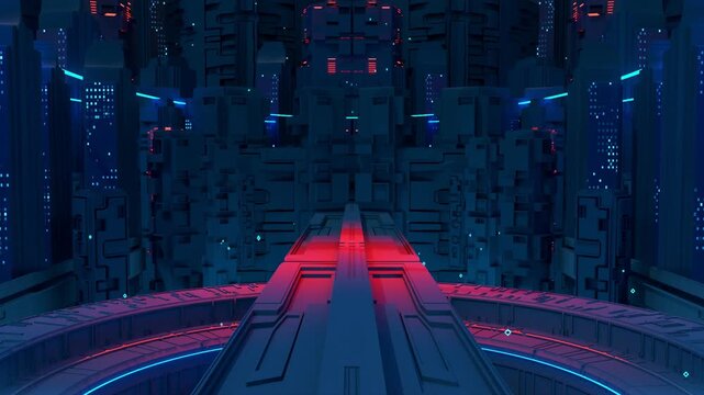 Futuristic Sci Fi Megacity Corridor with Red Illuminated Central Walkway
