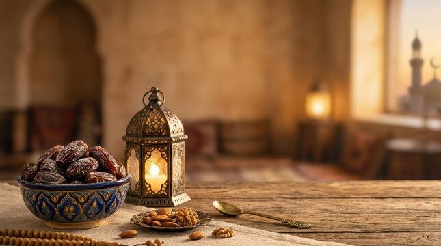 A bowl of dates next to a lit lamp and nuts on a wooden table inside an Arabic home during Ramadan