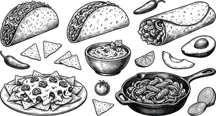 Fototapeta premium Vintage Mexican Food Hand Drawn Sketch Set Featuring Tacos Burrito Nachos Fajitas Guacamole Avocado Jalapeno Tortilla Chips and Traditional Restaurant Menu Vector Elements
