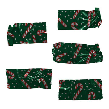 Set of green duct tape strips with festive Christmas candy cane pattern and polka dots isolated on white background for holiday crafting and design projects