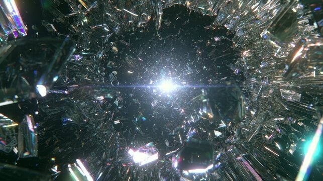 Shards of transparent material exploding from bright light source on dark background, creating abstract shattered glass effect with dynamic energy, motion, reflection and dramatic visual concept