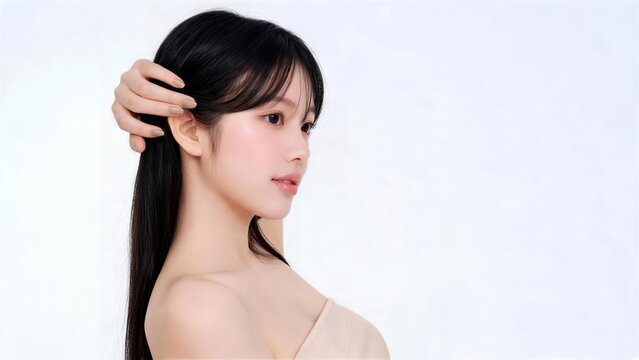 髪を耳に寄せてグレージュのネイルを見せる女性の横顔