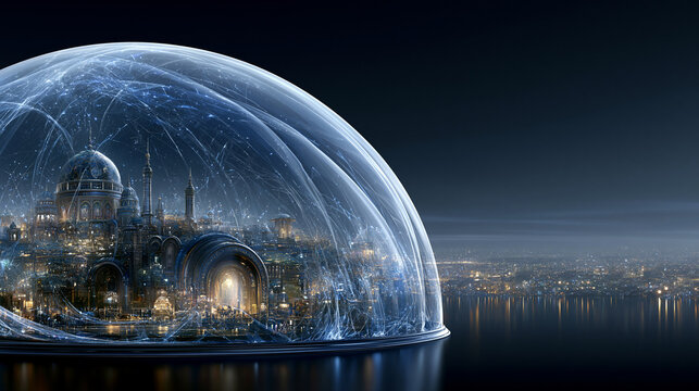 Futuristic city with tall architectural structures enclosed inside glowing energy force field over dark water reflection.