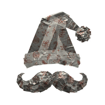 A creative Christmas Santa hat and mustache made from patterned duct tape with festive red holiday doodles isolated on a white background for seasonal design projects