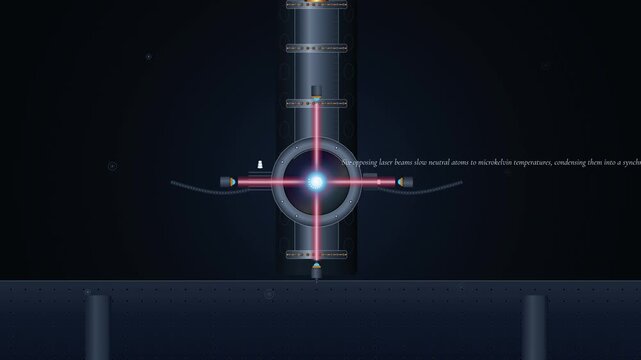 2D animation illustrating the operation of a quantum interferometer gyroscope using opposing laser beams to cool neutral atoms and measure absolute rotational momentum of a rotating planet