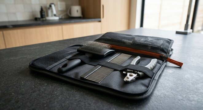 Pet grooming kit with brushes and tools on a dark kitchen counter