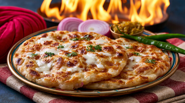 Garlic naan flatbread with melted cheese fresh herbs served with condiments on wooden table.