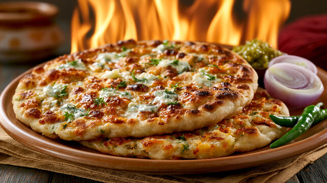 Garlic naan flatbread with melted cheese fresh herbs served with condiments on wooden table.