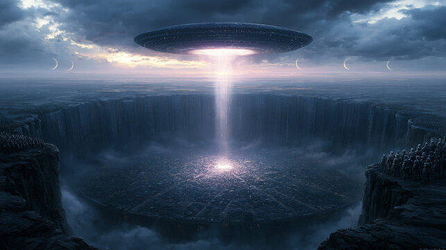 Giant alien saucer spacecraft hovering over massive dark stone crater with glowing energy beam in dramatic night sky city.