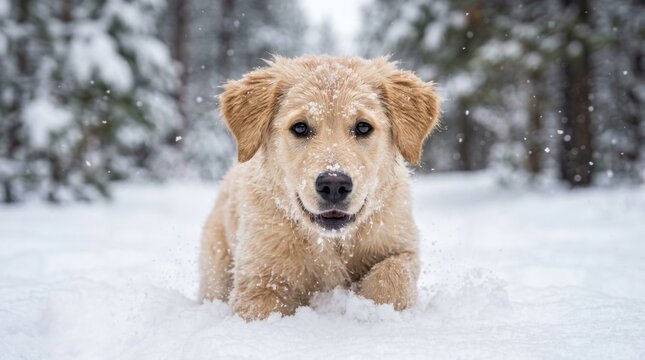 Adorable golden retriever puppy playing in fresh white snow during winter looking directly at the camera