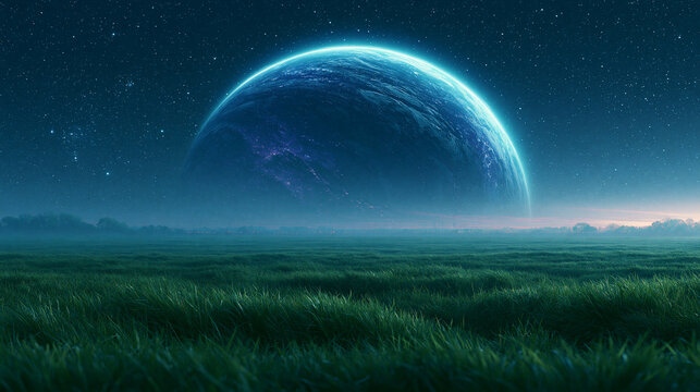 Gigantic glowing planet earth rising over dark green grassy field landscape in deep space sci fi cosmic fantasy scene.
