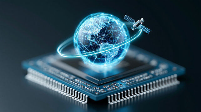 Global satellite connection concept on computer chip network technology abstract technology background with glowing lines.