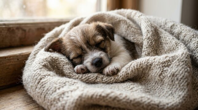 Adorable small puppy peacefully sleeping wrapped in a cozy knitted blanket near a window sill