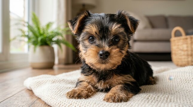 Adorable small yorkshire terrier puppy lying on a woven blanket on the floor inside a cozy living room